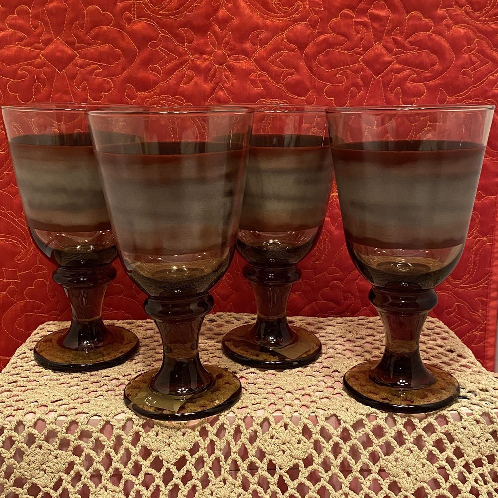 Set of (4) Libbey Sango Nova Brown Stem 7"‎ Wine Water Goblet Glasses